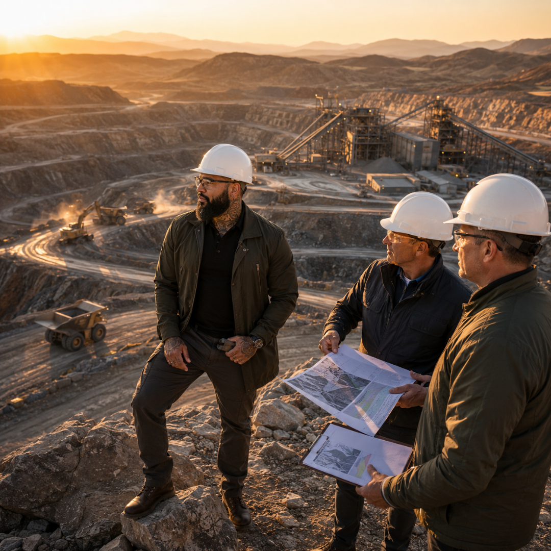 Zane Richardson reviewing a large-scale mining operation with industry operators during a project site visit